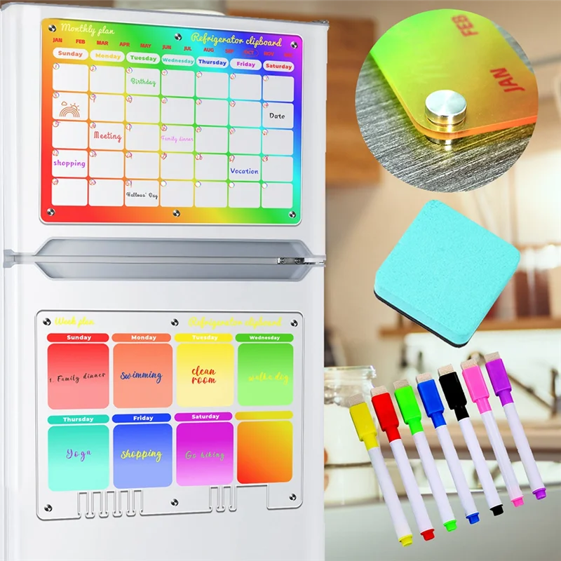 A76F-2 Set Clear Reusable Planner Whiteboard Calendar 16X12in Magnetic Calendar For Fridge Monthly & Weekly Calendar