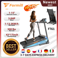 Formill FT61 3.0HP Foldable Treadmill, 15° Incline, 13.5km/h, 17x43Inch Belt, 300lbs Load, Silent, LCD, Shock-Absorbing for Home