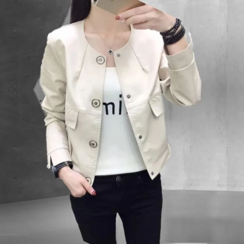 Short Leather Jacket Women\'s Spring Autumn Coat Tops 2024 New Korean Version Slim Round Neck PU Leather Locomotive Jacket Female