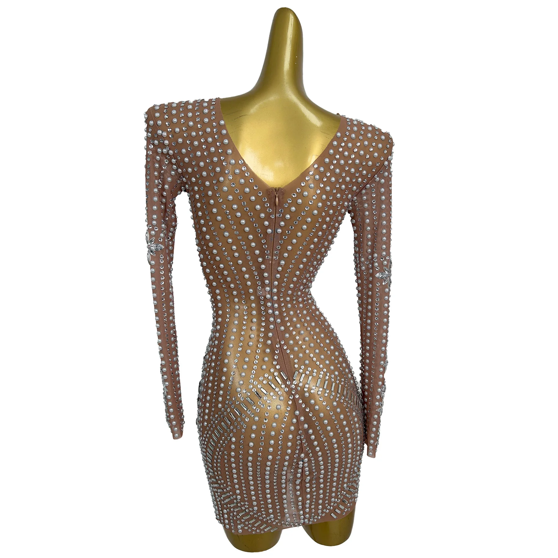 

Sexy See Through Pearls Crystal Evening Cocktail Mini Dress Women Plus Size Dinner Gown Club Party Sheath Dress Stripper Outfits