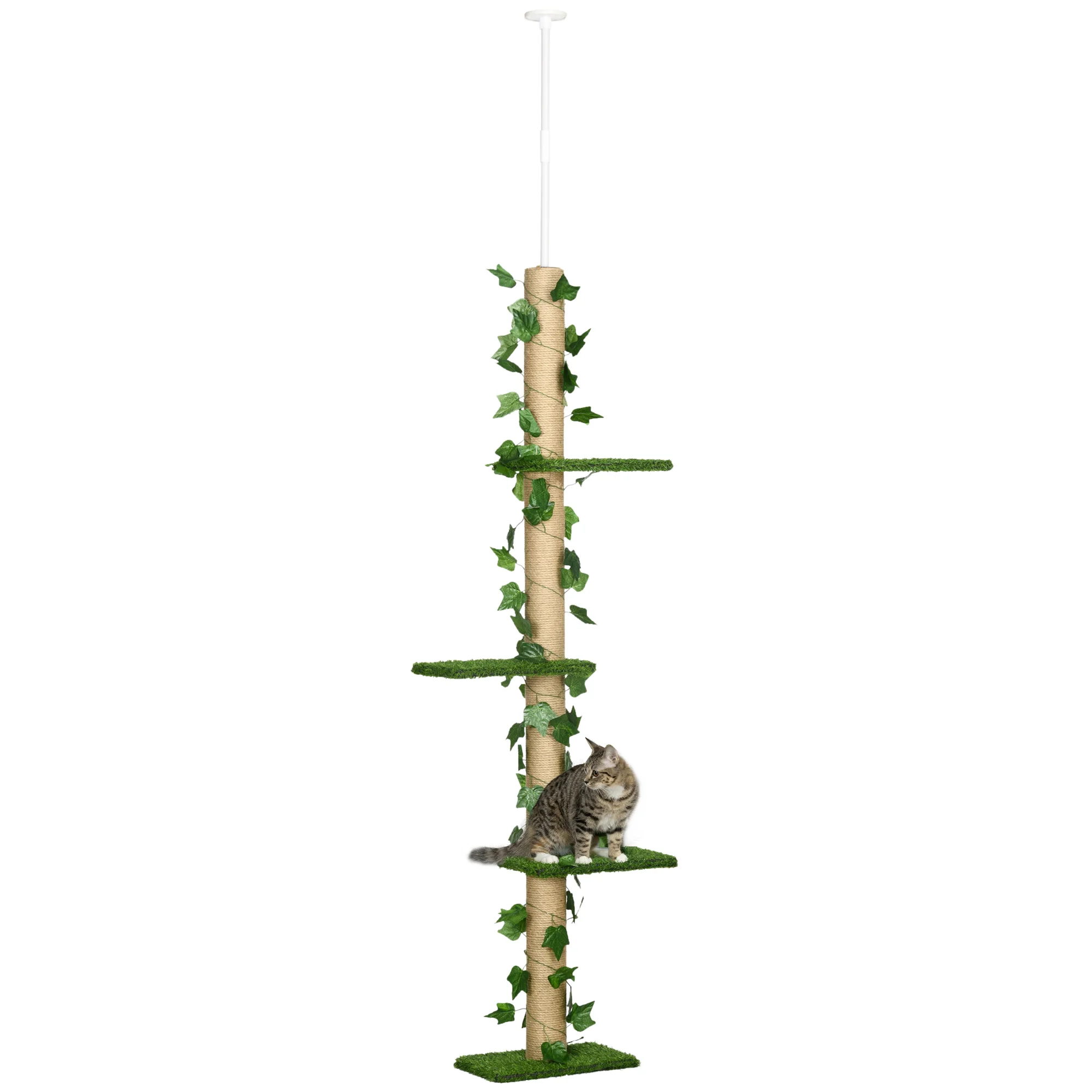 PawHut cat tree floor to ceiling 37x21x202-242 cm cat tower with height adjustable 4 Artificial grass platforms Artificial leaves and green jute pole