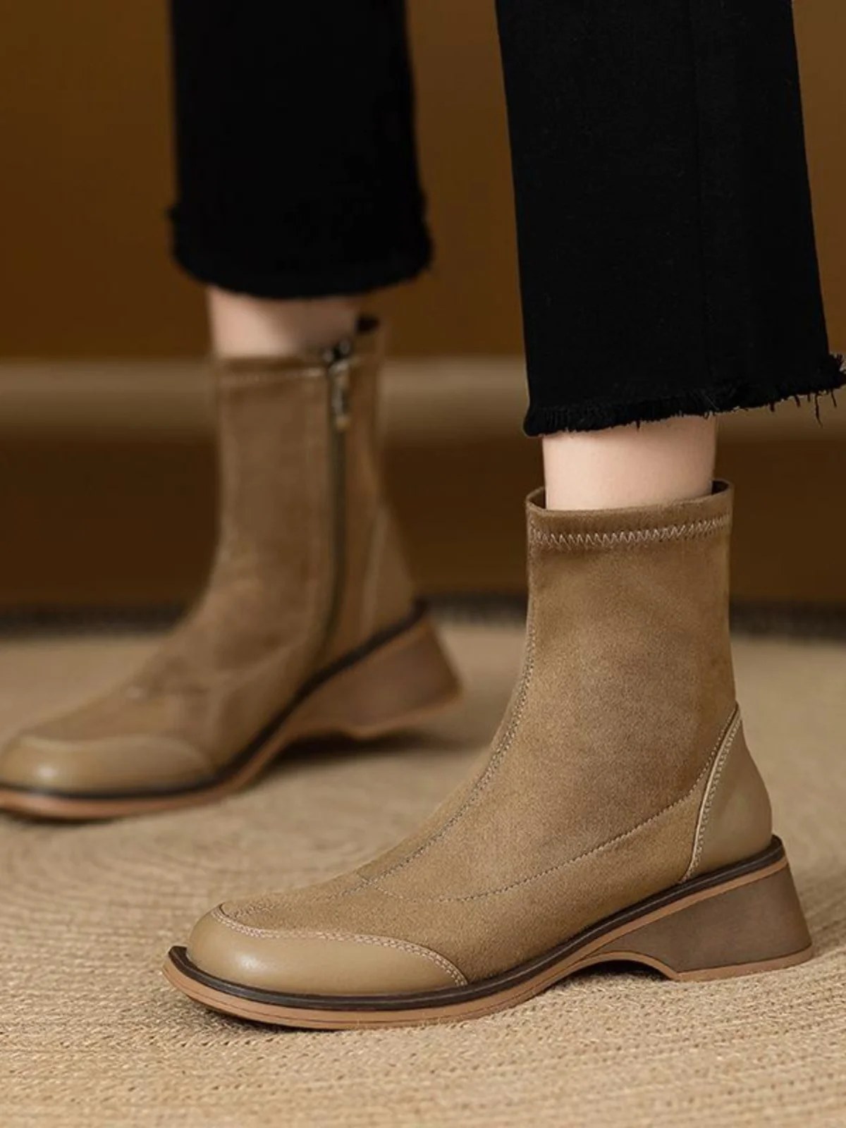 

Leather Boots Women's Autumn Winter ort Boots Fce Lined Medium Heel round Toe Elastic Boots Korean Sle Boots