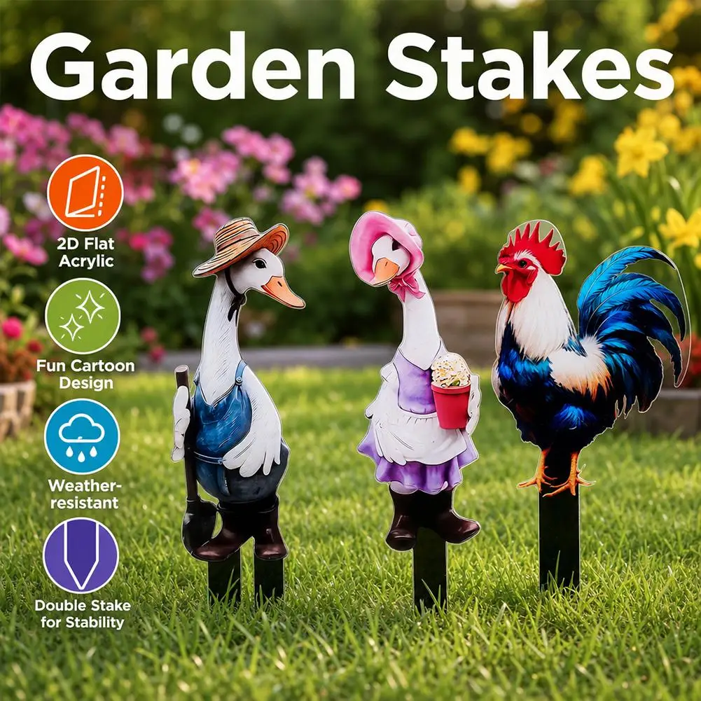 2D Acrylic Duck Rooster Garden Stakes Colorful Outdoor Yard Decor for Patio Lawn