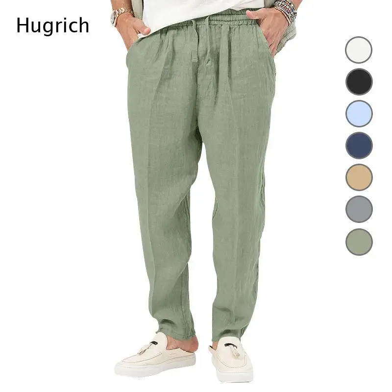 Wrinkle Resistant Solid Linen Loose Fit Summer Beach Vacation Trousers for Men