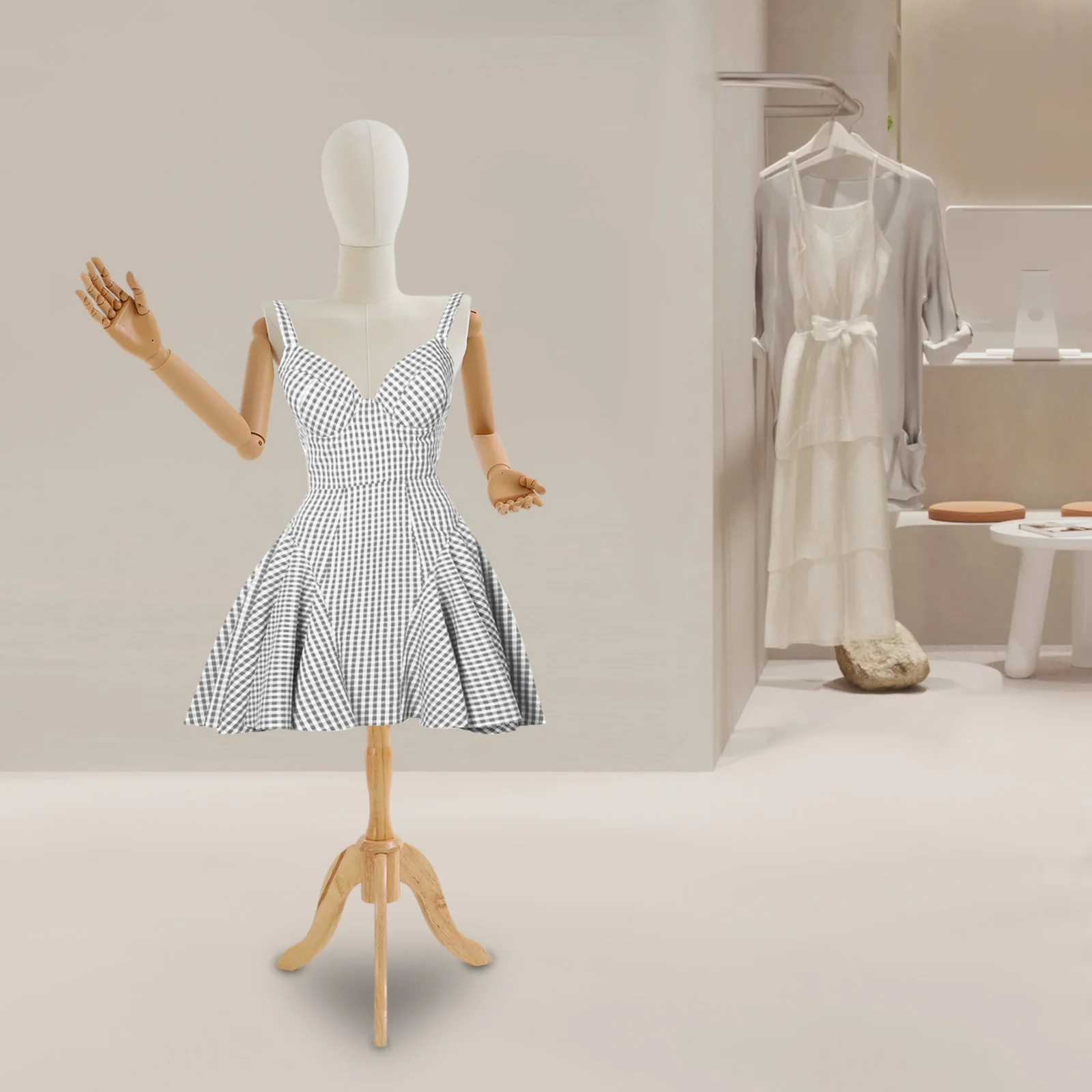 

Beige Female Mannequin Clothing Display Model Body Stand with Head Triangular Base for Gowns Wedding Dresses Sweaters