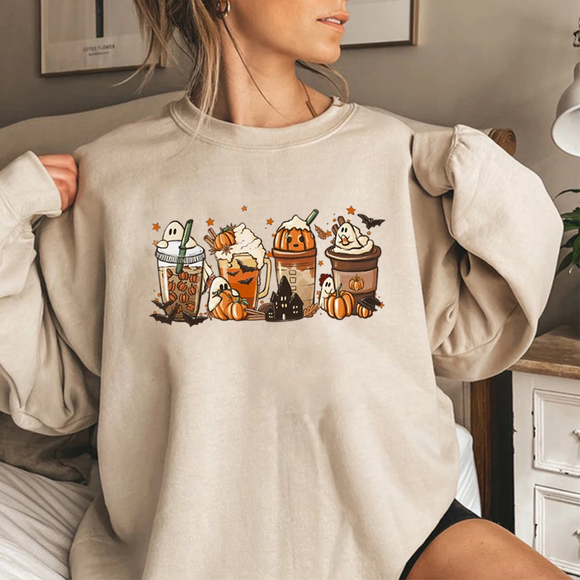 Fall Coffee Sweatshirt Cute Fall Hoodies Thanksgiving Pullovers Halloween Sweatshirt Women Clothes Long Sleeve Coffee Lover Tops