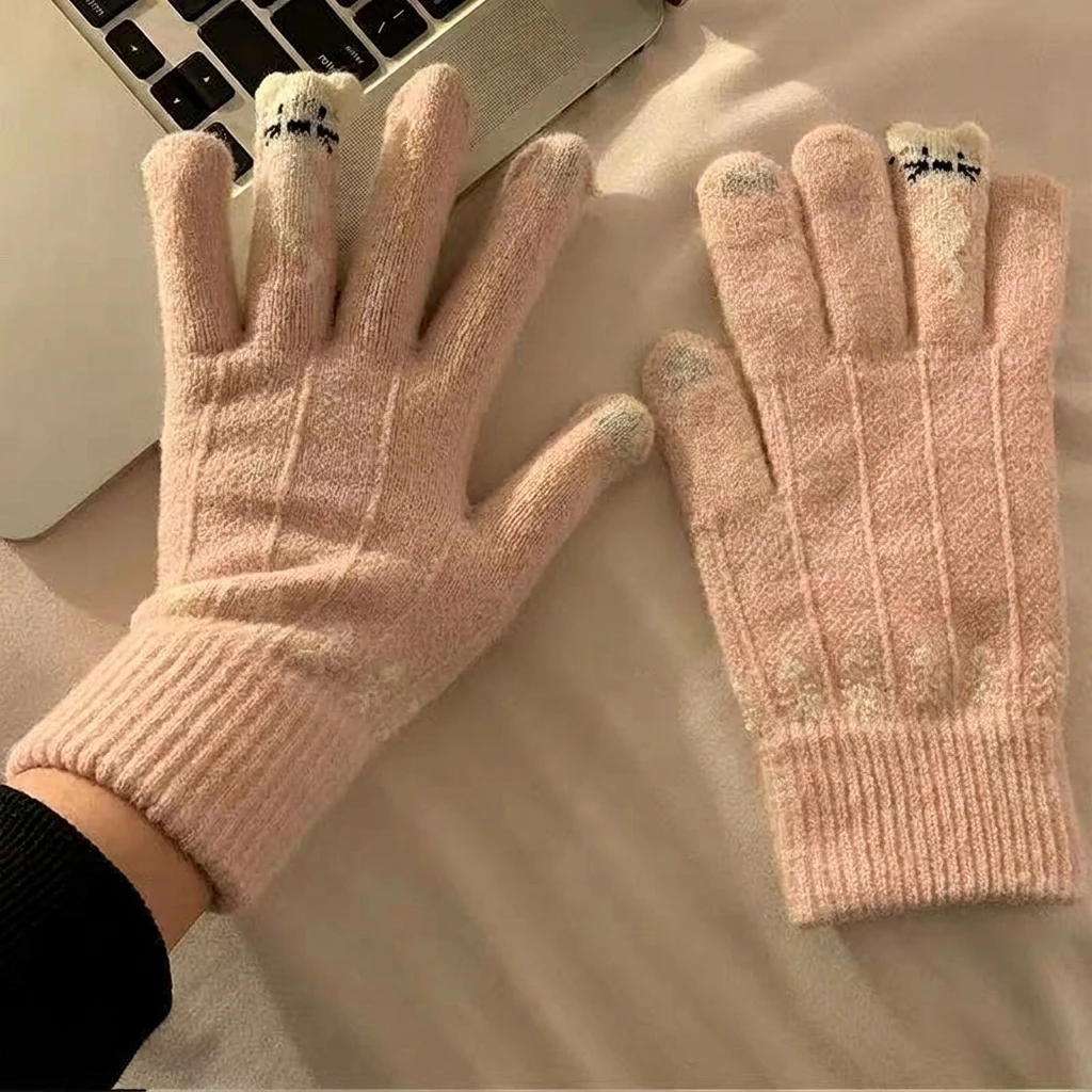 Warm Winter Gloves Touchscreen Full Finger Red Knit Hand Warmers for Cycling Daily Commute Plush Lined Durable Soft