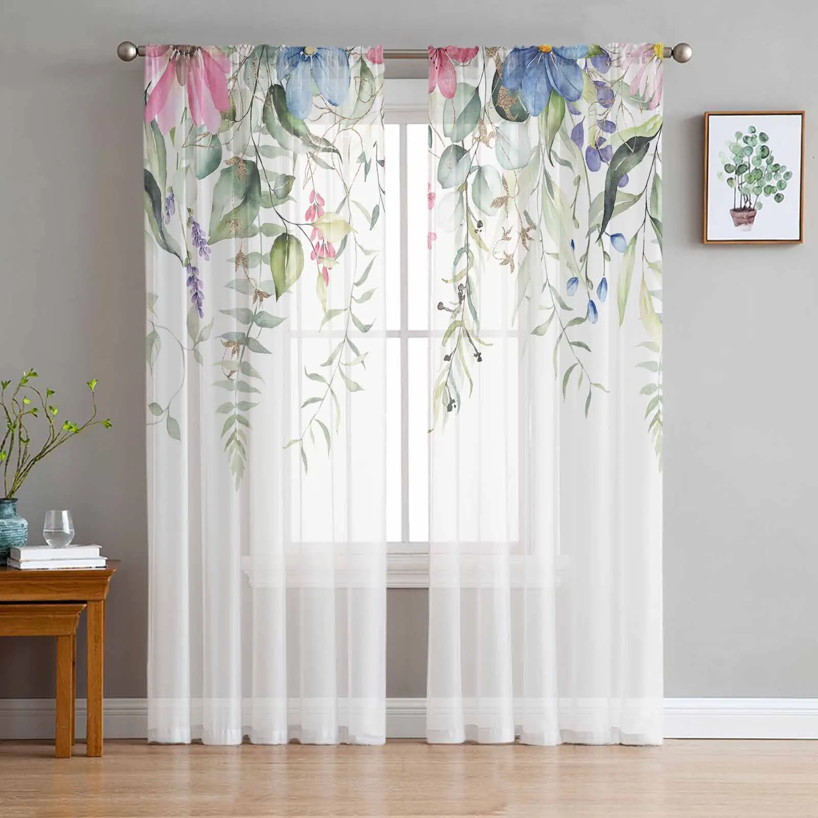 

Easter Spring Flowers Plants Leaves Tulle Curtains Living Room Kitchen Decoration Chiffon Window Treatments Voile Sheer Curtain