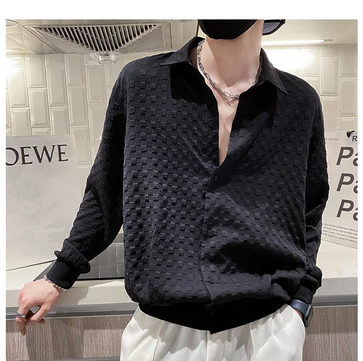 Men\'s Solid Color Plaid Shirt Long Sleeve Black Bat Shirt Loose 2025 New Spring and Autumn Top Shirt Jacket