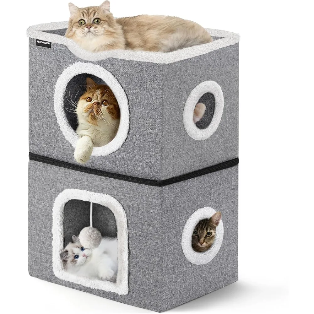 

2 Story Cat Bed, Large Cat House for Indoor Cats Covered Cat Cave with Hideaway, Scratch Pad and Fluffy Ball