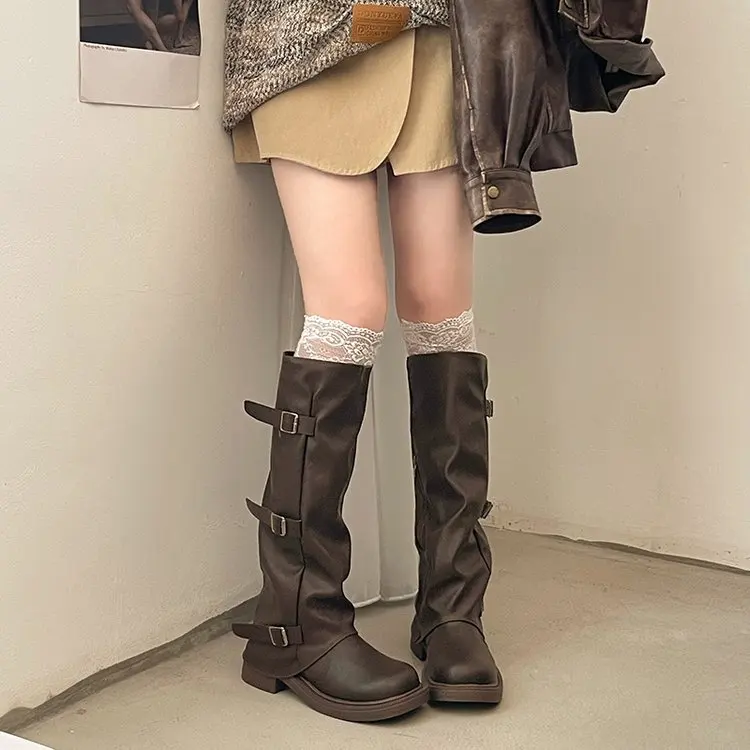 Plissierte Ritterstiefel mit Schnalle für Damen, Herbst, Braun, PU-Leder, Halbhohe Stiefel, Slip-On, Dicker Absatz, Reitstiefel, Botas Mujer 2026 – Detail 14
