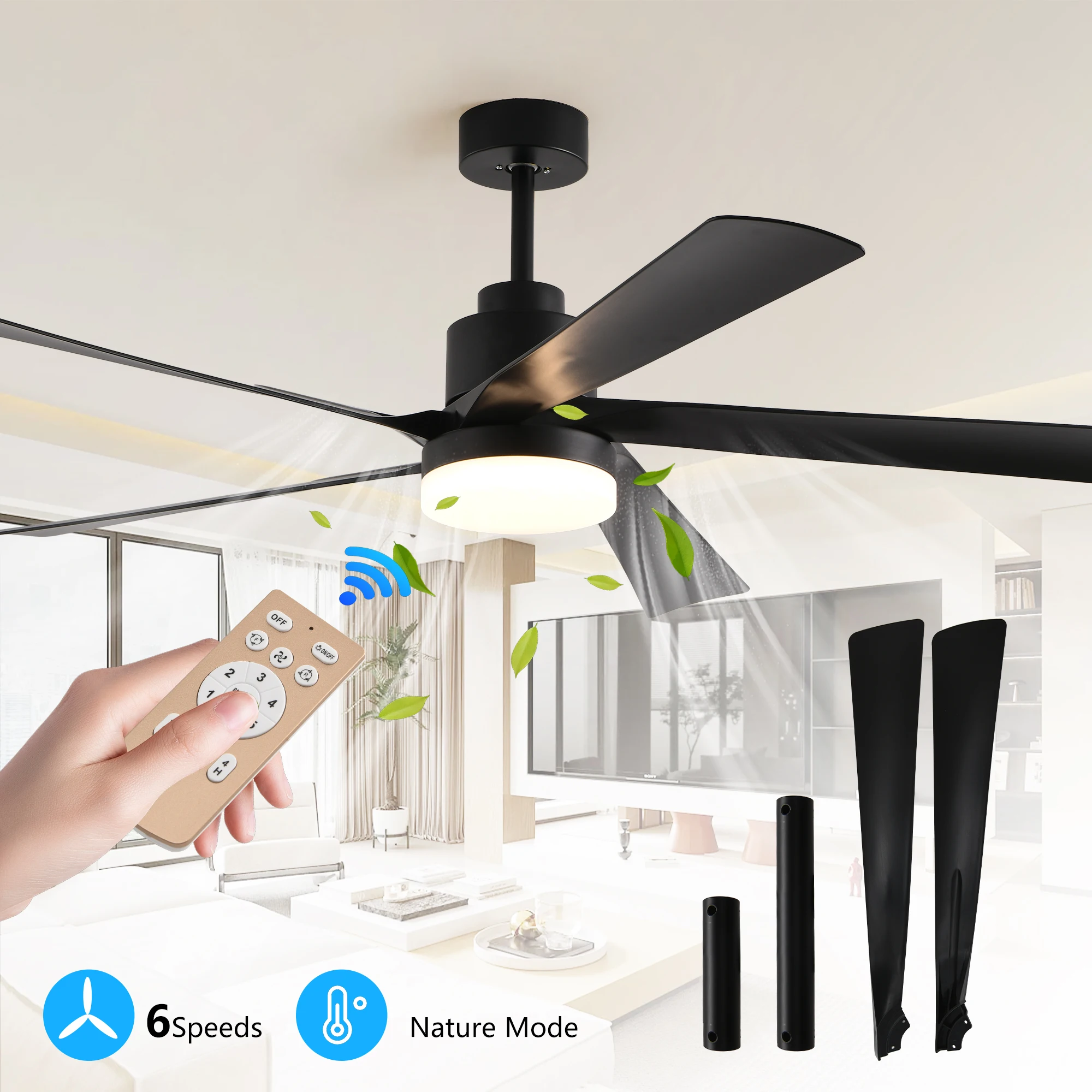 

65 Inch Black Ceiling Fan with Light 5-Blade Dimmable LED Ceiling Fan with Remote Control Quiet Design for Living Room Bedroom