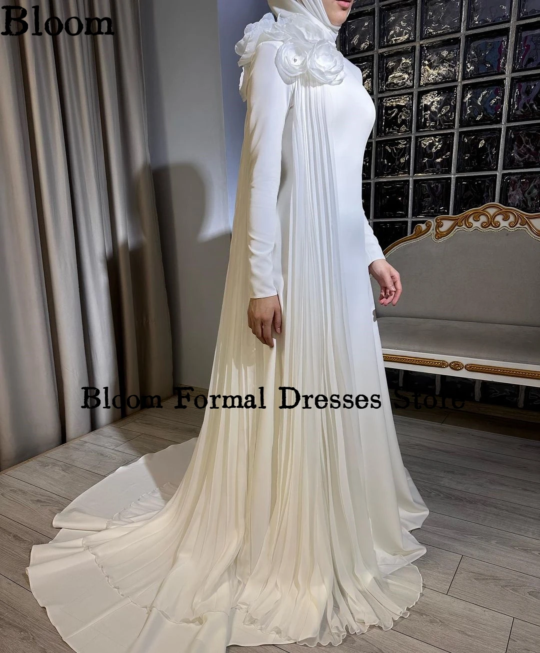 Bloom Handmade Flowers White Smooth Prom Dresses Long Sleeves Muslim Elegant Evening Dresses Formal Wedding Party Dress