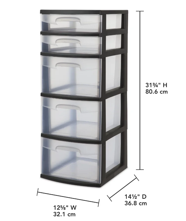 NEW  Plastic 5-Drawer Tower, Black with Clear Drawers Adult