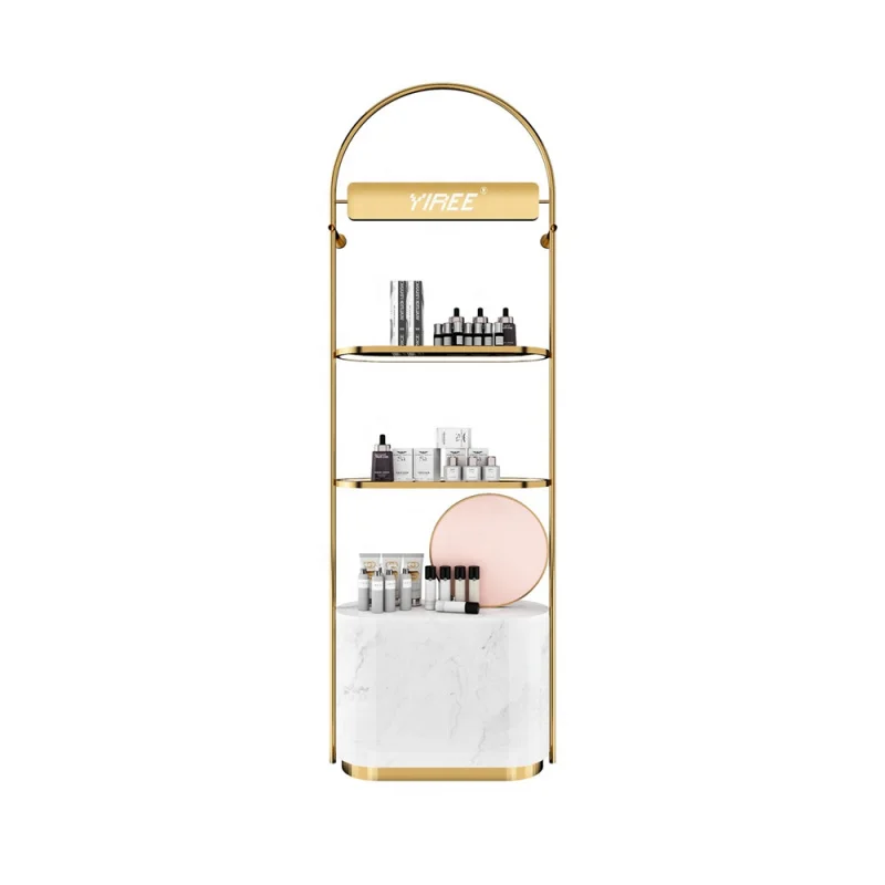 

custom.Custom logo makeup shop vertical shelf mounted design metal cosmetics display cabinet showcase