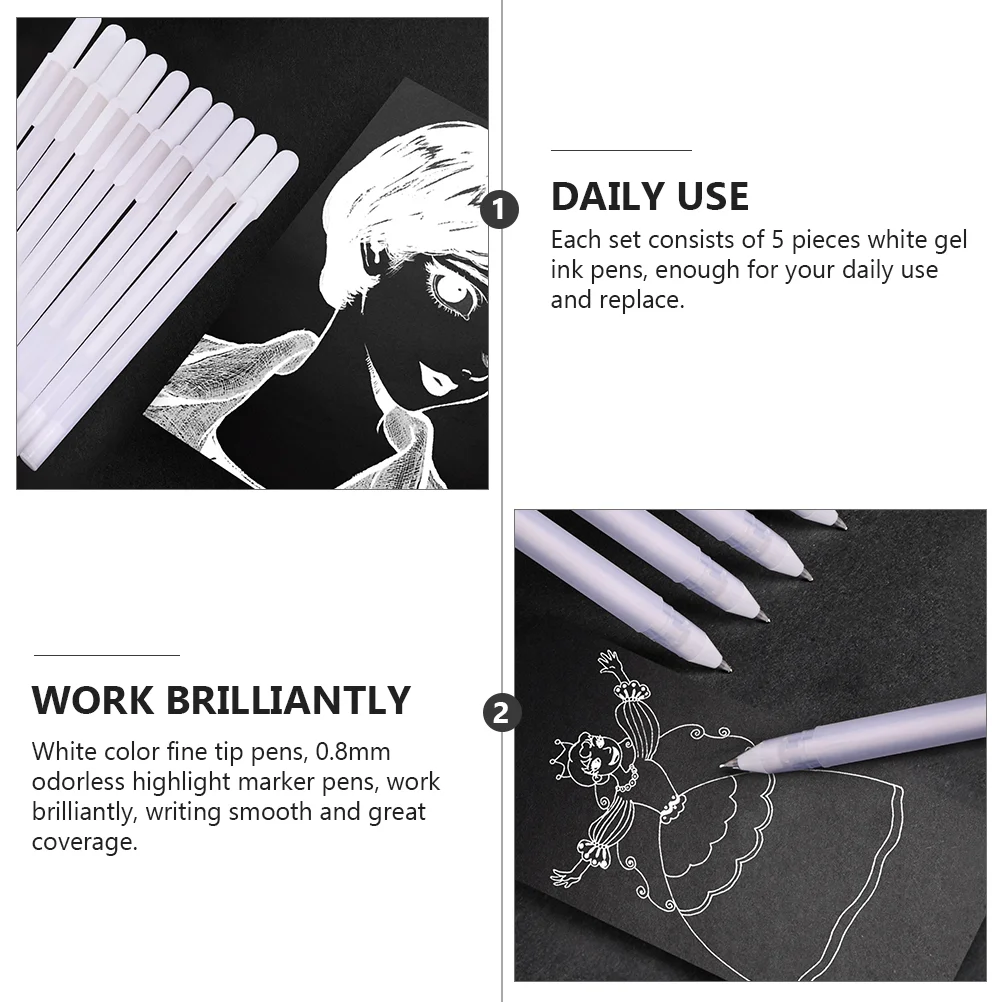 5 Pcs White Highlighter Gel Pen Ink Pens Drawing Fine Point Color Plastic Line
