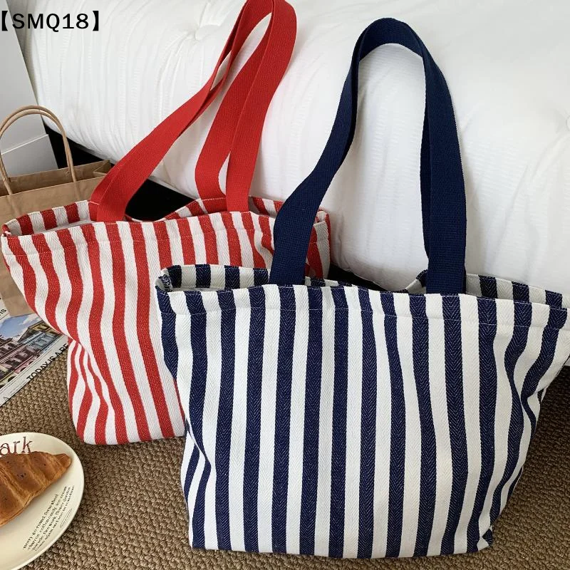 1Pcs Female Daily Shopping Bags Simple Striped Women's Canvas Casual Shoulder Bags Fashion Large Capacity Ladies HandbagsSMQ