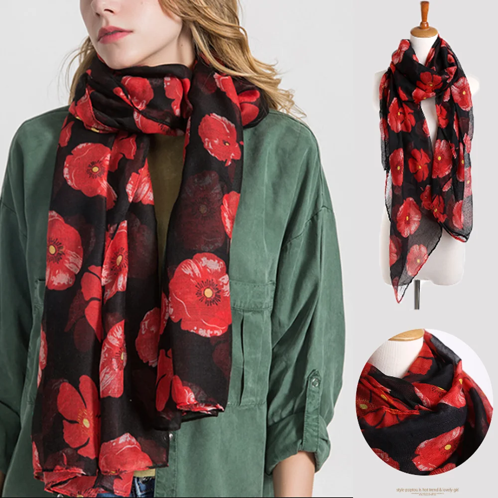 Soft Colorful Poppy Print Scarf Cotton Voile 180*90cm Poppy Floral Shawl Breathable Smooth Poppies Floral Wrap for Women Ladies