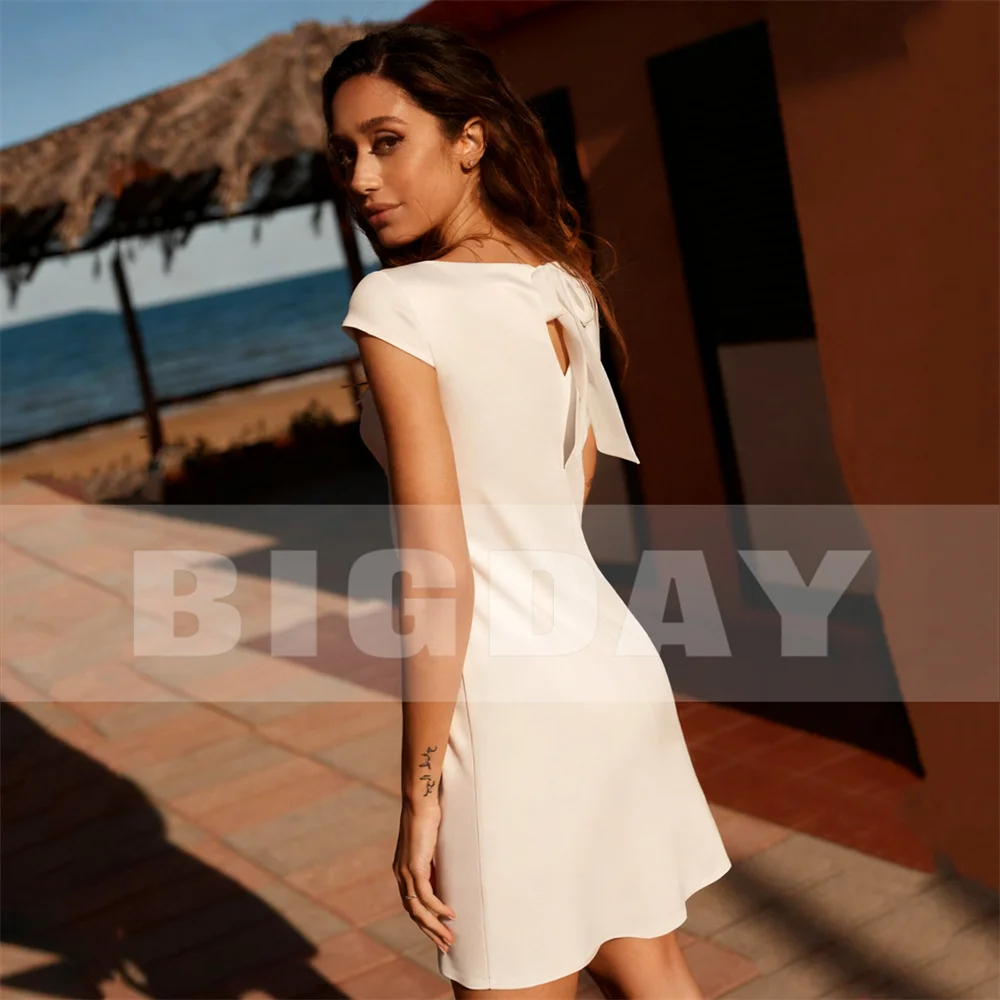 BIGDAY Simple Short Sheath Wedding Dress Women Flowers Cap Sleeves Bow O-Neck Above-Knee Bridal Gown Vestido De Noiva Customized