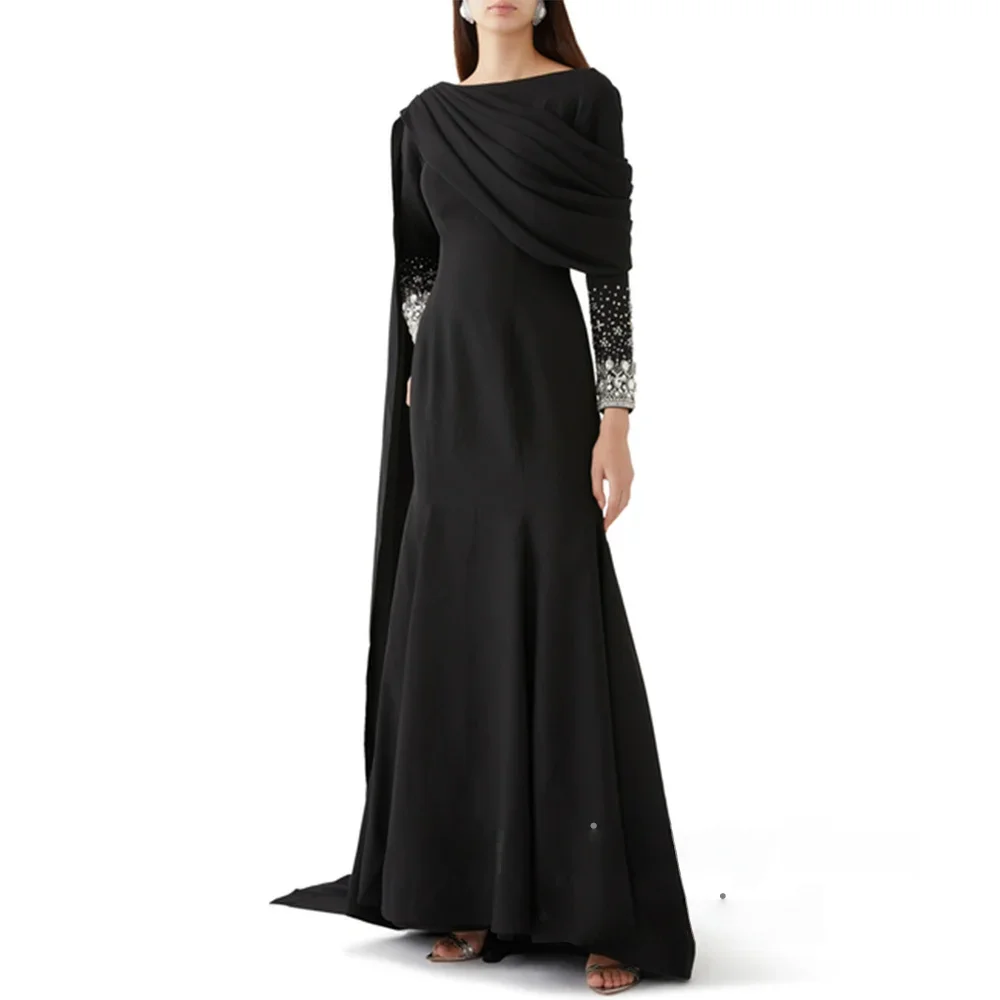 AdoreCustomized Arabisches Ballkleid mit U-Ausschnitt und langen Ärmeln, Kristallstein, saudfarbenes arabisches Abendkleid mit Umhang, schwarzes Meerjungfrau-Partykleid