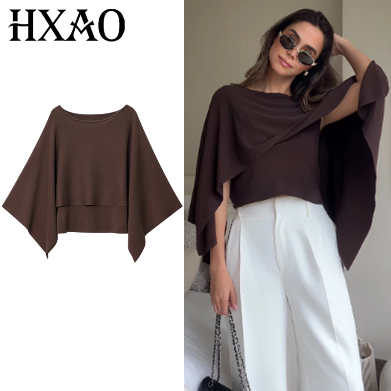 HXAO Knit Brown Cape Women's Poncho Autumn 2025 Fashion Bolero Layers Cloak Cape & Poncho Chic And Elegant Woman Coat Crop Shawl
