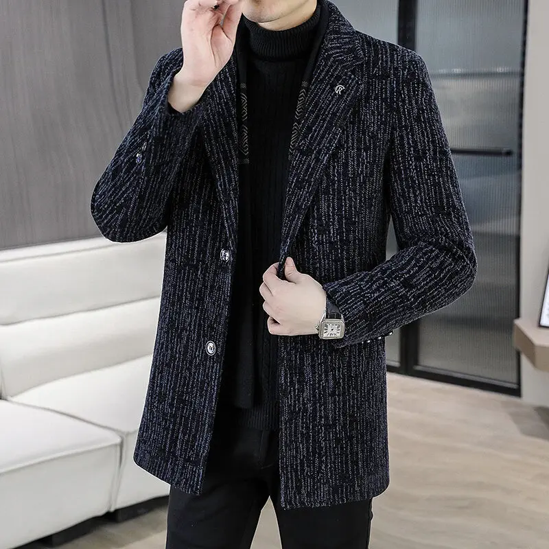 Men's Business Casual Winter Thickened Striped Plush Overcoat Warm Fleece Windbreaker Jacket Classic Woolen Coat Clothes Outwear
