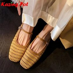 Krazing Pot New Cow Leather High Quality Square Toe Women Summer Modern Street Wear Mary Janes Weaving Decorations Shallow Flats