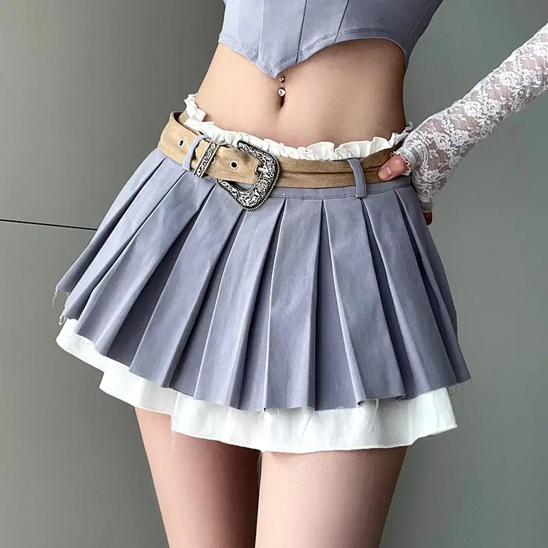 Pleated Double-Layer Ruched High Waist Skirt With Belt 2 Piece Set Korean Cute A-Line Pleated Preppy Skirt