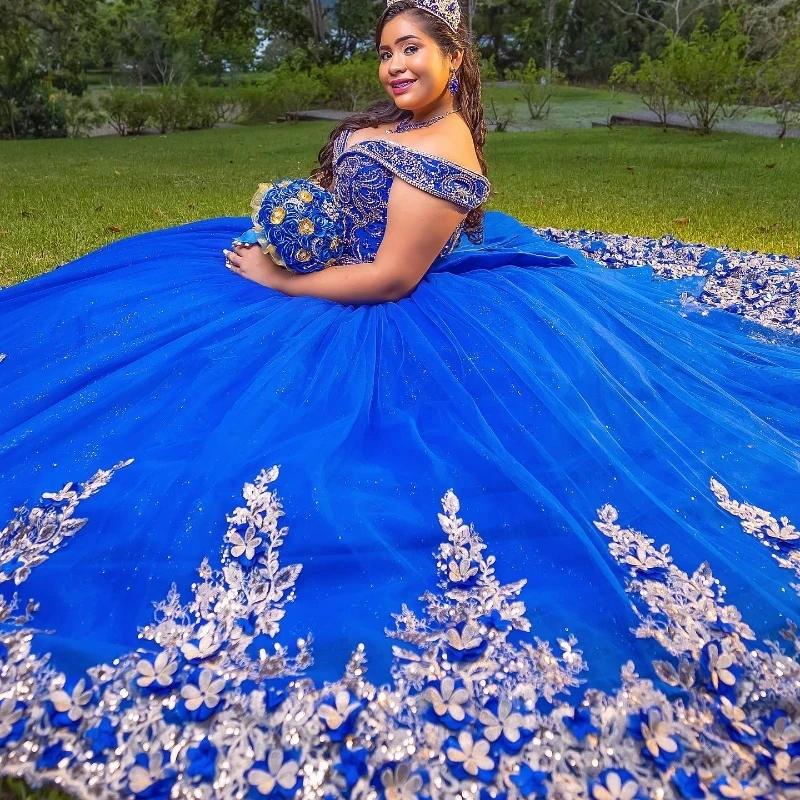 Customized Royal Blue Shiny Quinceanera Dress 2023 Lace Appliques Beads Ball Gown Off Shoulder Vestidos De 15 Quinceañera YQD493