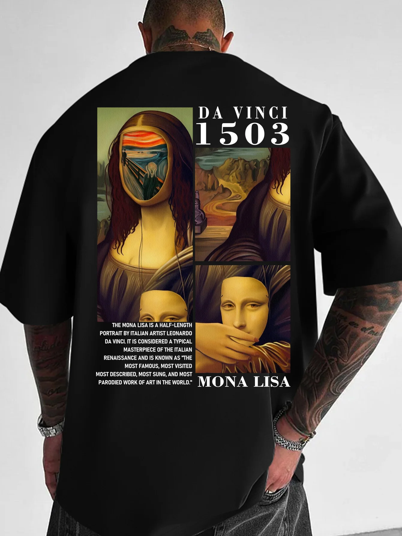 Modern Da Vinci Art Collage Oversized Black Tee