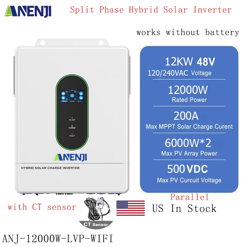 

12KW 48V Split Phase Hybrid Solar Inverter 120VAC Pure Sine Wave On Grid MPPT Inverter 200A Solar Charger PV 500VDC with CT