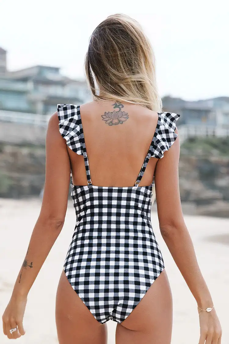 Black and White Plaid One Piece Swimsuit Fashion Shoulder Ruffles Bikinis Women Swimming Suit Cutout Backless Holiday Swimwear