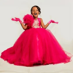Vintage Red Flower Girl Dresses Customized Appliqued Ball Gown Princess Baby Girls First Birthday Party Dress For Wedding