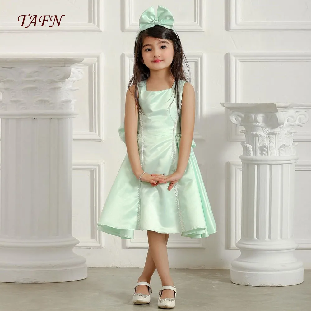 

TAFN Evening Dresses for Kids A-line Sleeveless Square Collar Party Dresses Knee-Length Green Satin Gown for Special Event