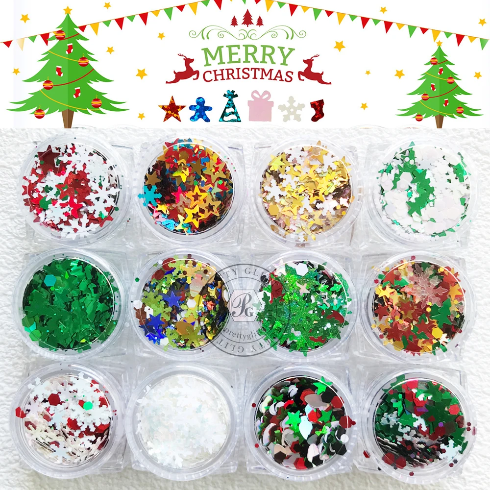 PrettyG 12 ألوان مجموعة عيد الميلاد مكتنزة يمزج بريق السائبة مسمار عيد الميلاد ندفة الثلج بريق الترتر DIY بها بنفسك هلام مسمار الفن الديكور