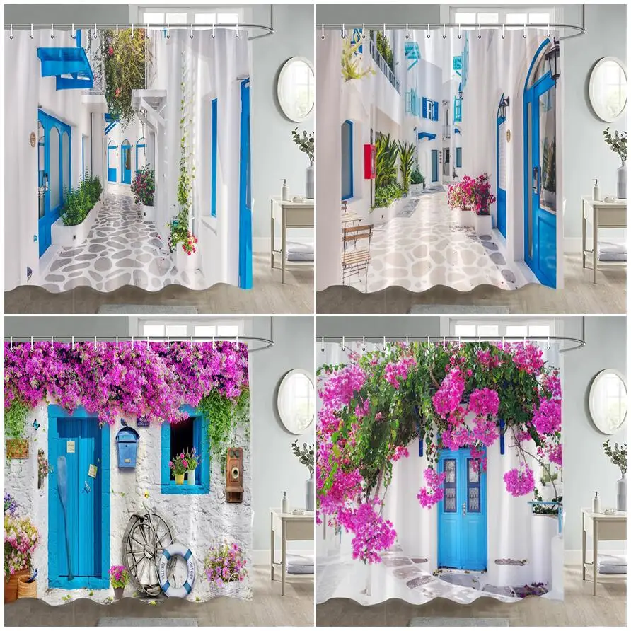 

Greek Street Floral Shower Curtain Blue Wooden Door White Architecture Purple Flower Home Wall Hanging Bathroom Decor with Hooks