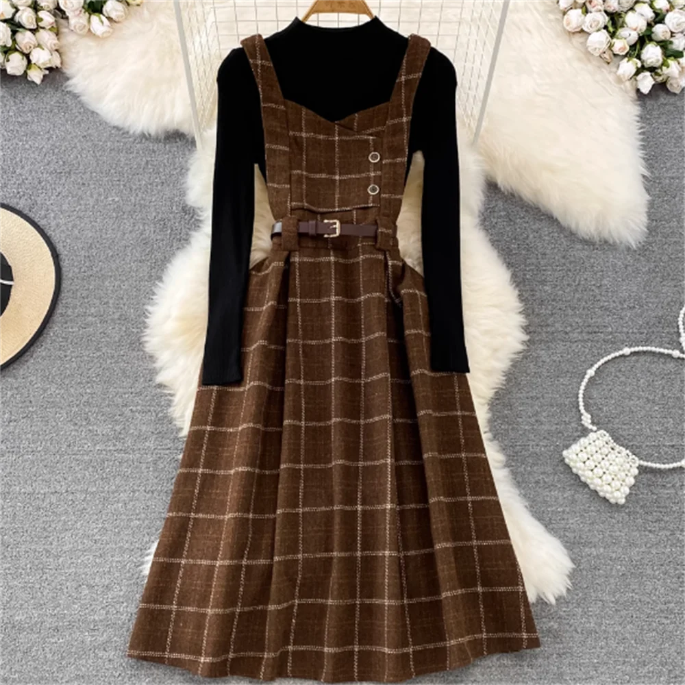 

Plaid strap dress autumn and winter two sets vintage woolen dress knit sweater top
