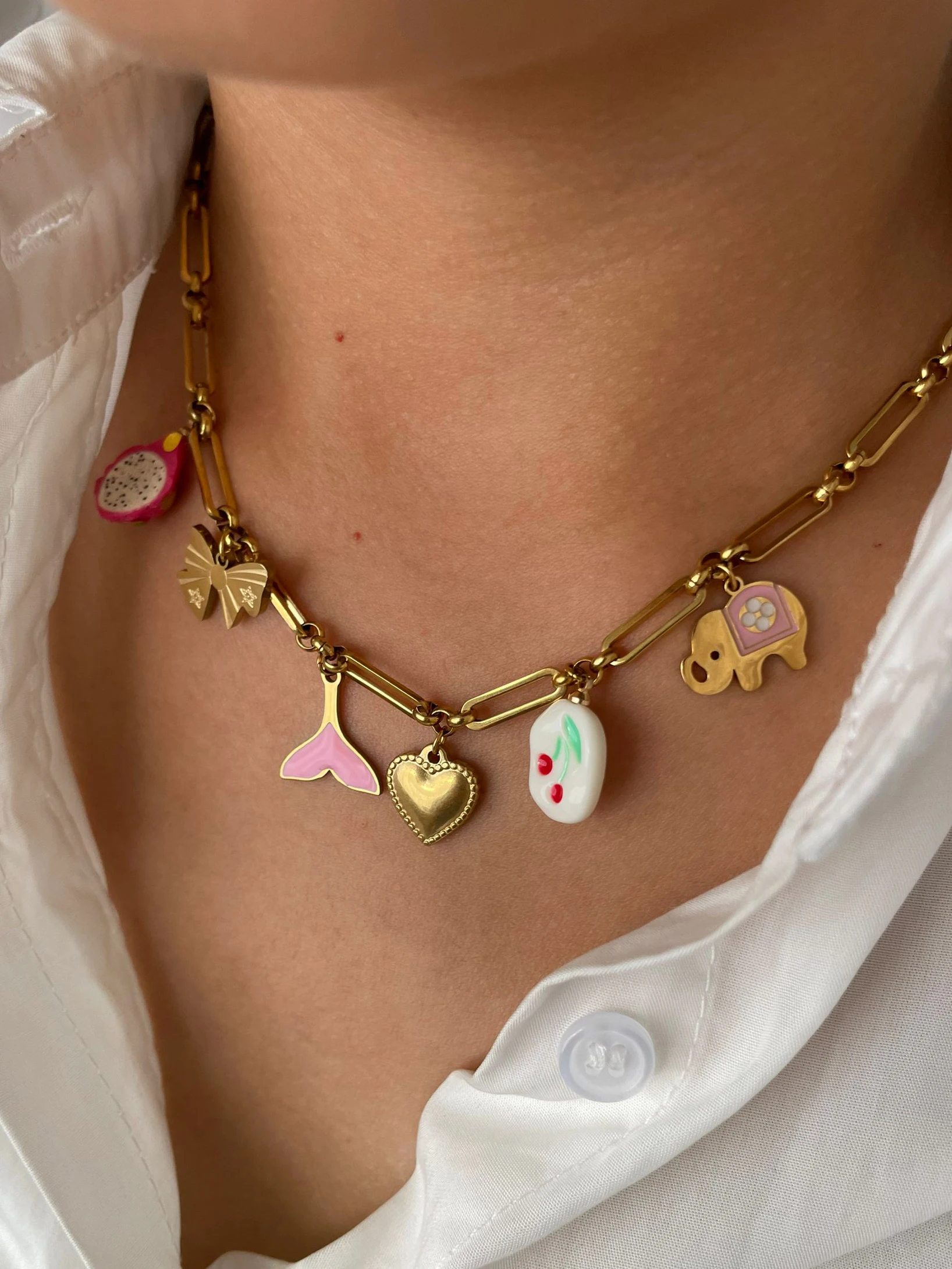 GHIDBK New Fashion Stainless Steel Handmade Daily Jewelry Women Dainty Cute Heart Bowknot Elephant Fish Tail Pendant Necklace