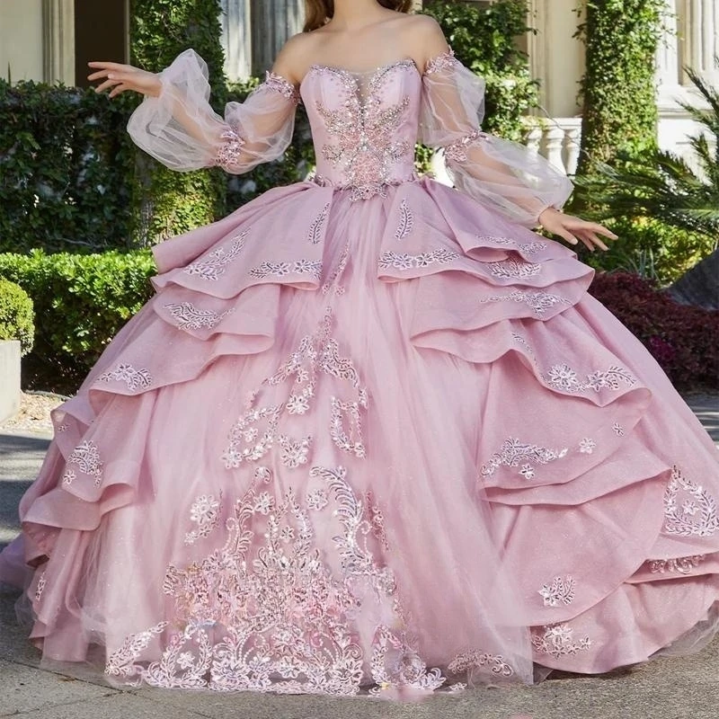 Pink Off Shoulder Long Sleeve Quinceanera Dresses Voluminous Applique Tiered Vestidos Prom Vestidos De Baile Tulle Custom Made