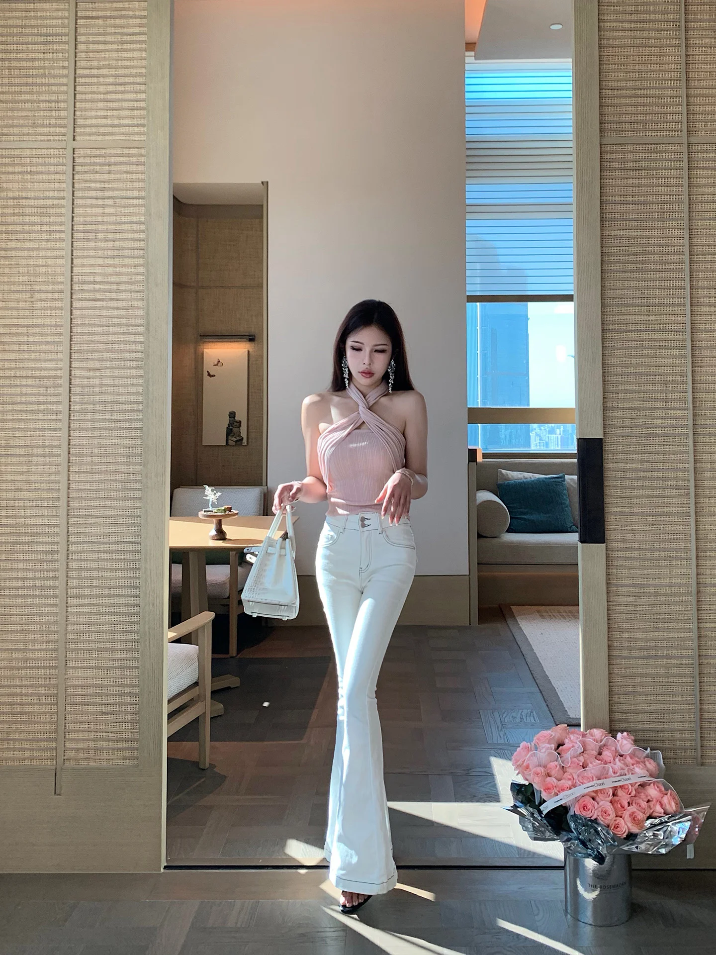 

Onelady High Waist Bell Bot Jeans Women's Elastic Slimming Ele Versatile White Long Pants Spring Ladies Denim Jeans