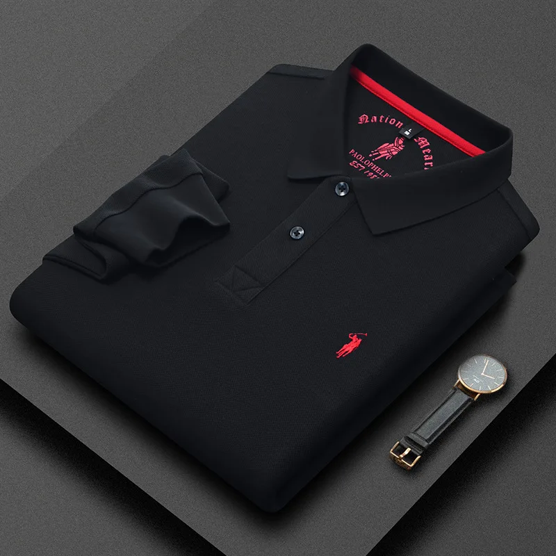 

100% pure cotton high-end brand men's long sleeved polo shirt autumn fashion new luxurious pony Paul embroidery top golf T-shirt