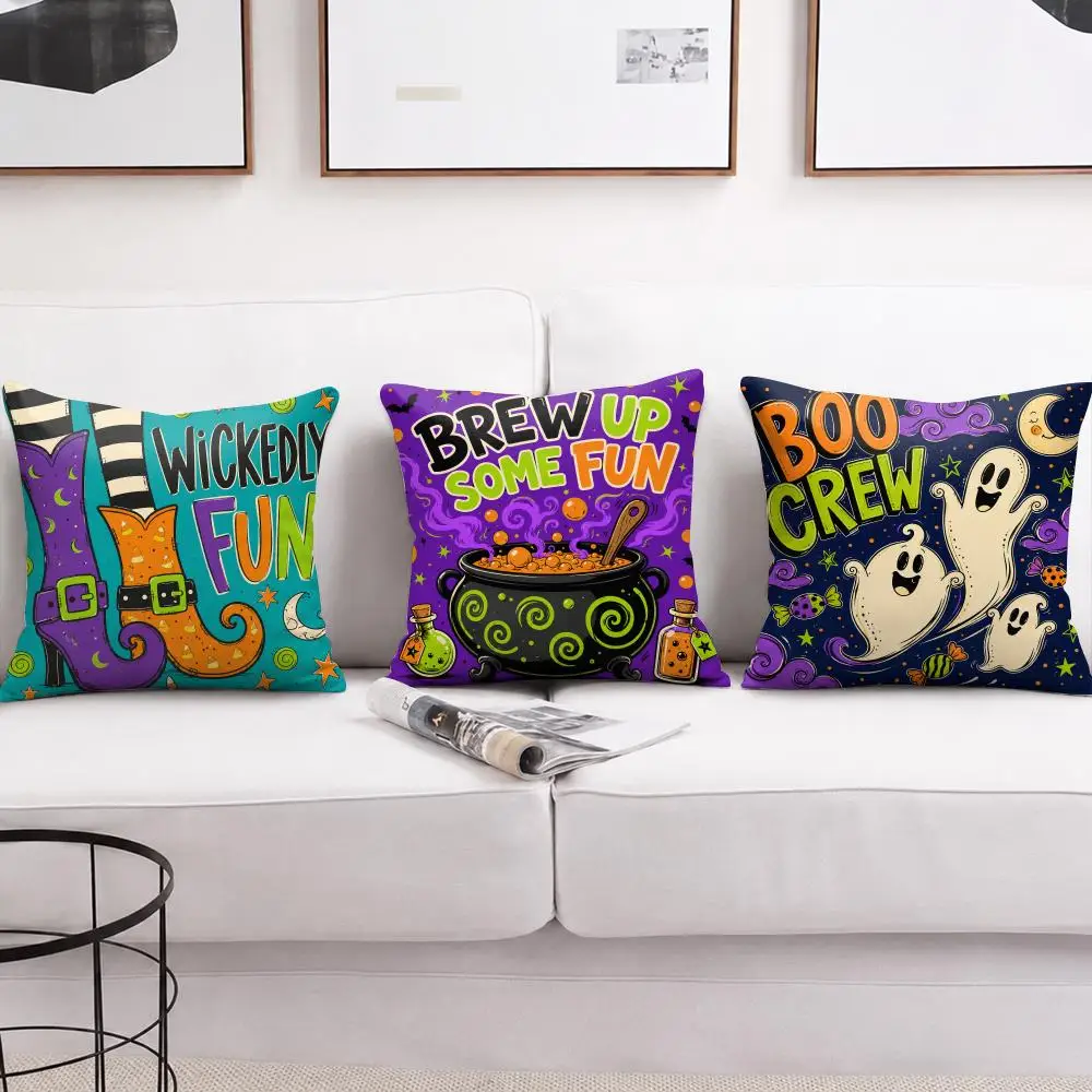 Colorful Halloween Witch Cushion Cover Soft Short Plush Pillow Cover Smooth Cozy Texture Aesthetic Cushion Case Home Decor