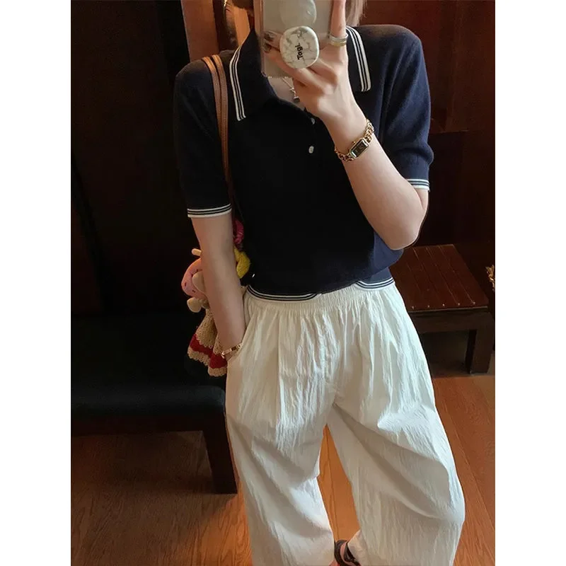 Summer High-end Fashion Polo Neck Knitted Shirt Slim Short Sleeve Tops Women Sexy Button T-shirt Office Lady Knitwear Y2k Tops image 4
