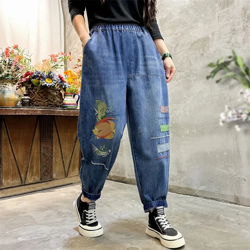 Jeans ricamati donna primavera e autunno 2023 nuovi pantaloni larghi papà Retro Patch dritto Slim Harem pantaloni marea