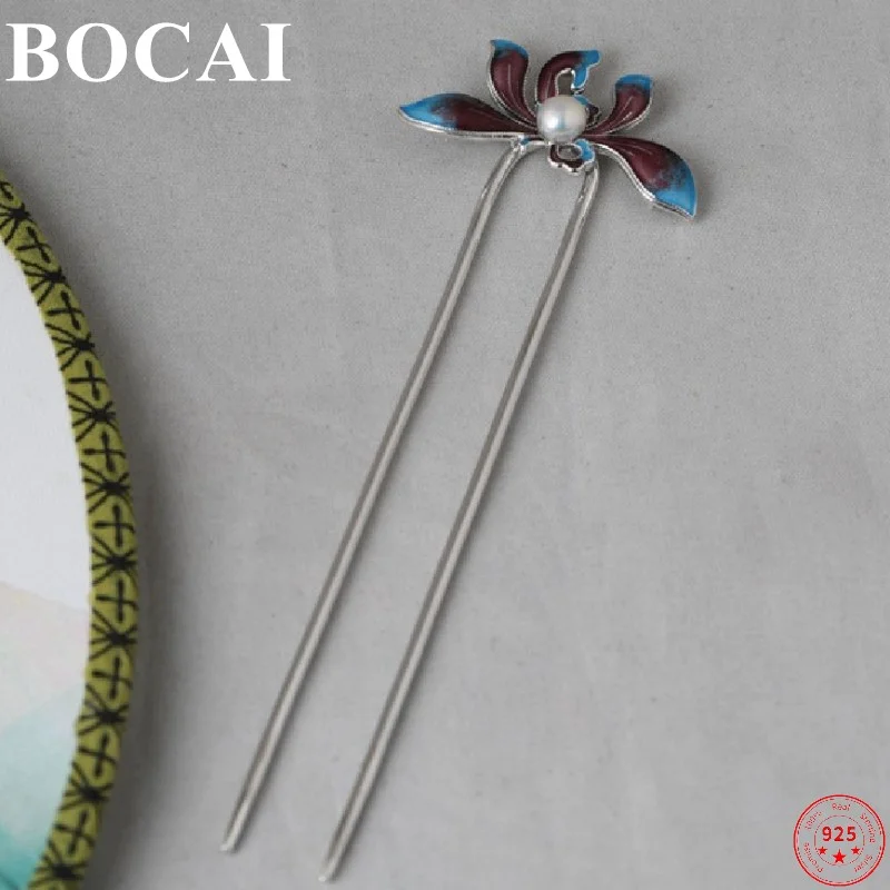 

BOCAI S925 Sterling Silver Hair Accessories Popular Cloisonne Pearl Enamel Headdress Pure Argentum Hairpin Jewelry for Women