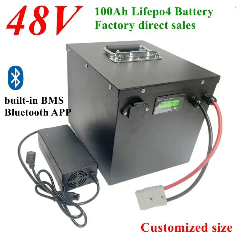 

Литиевая батарея ifepo4 48 В 100 Ач с Bluetooth BMS APP для инвертора велосипеда, скутер для хранения солнечной энергии + зарядное устройство 10 А
