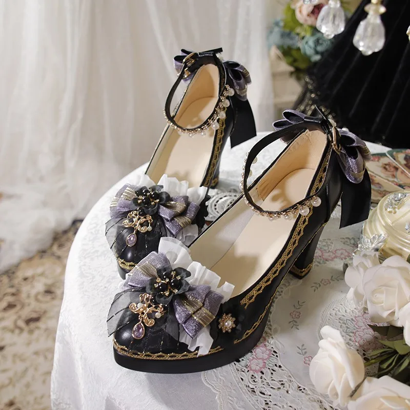 

Japanese Sweet Lolita 8cm/5.5cm High Heels Lolita Thick Heels Handmade Shoes Lo Shoes Flower Wedding Cos Loli Party Shoes