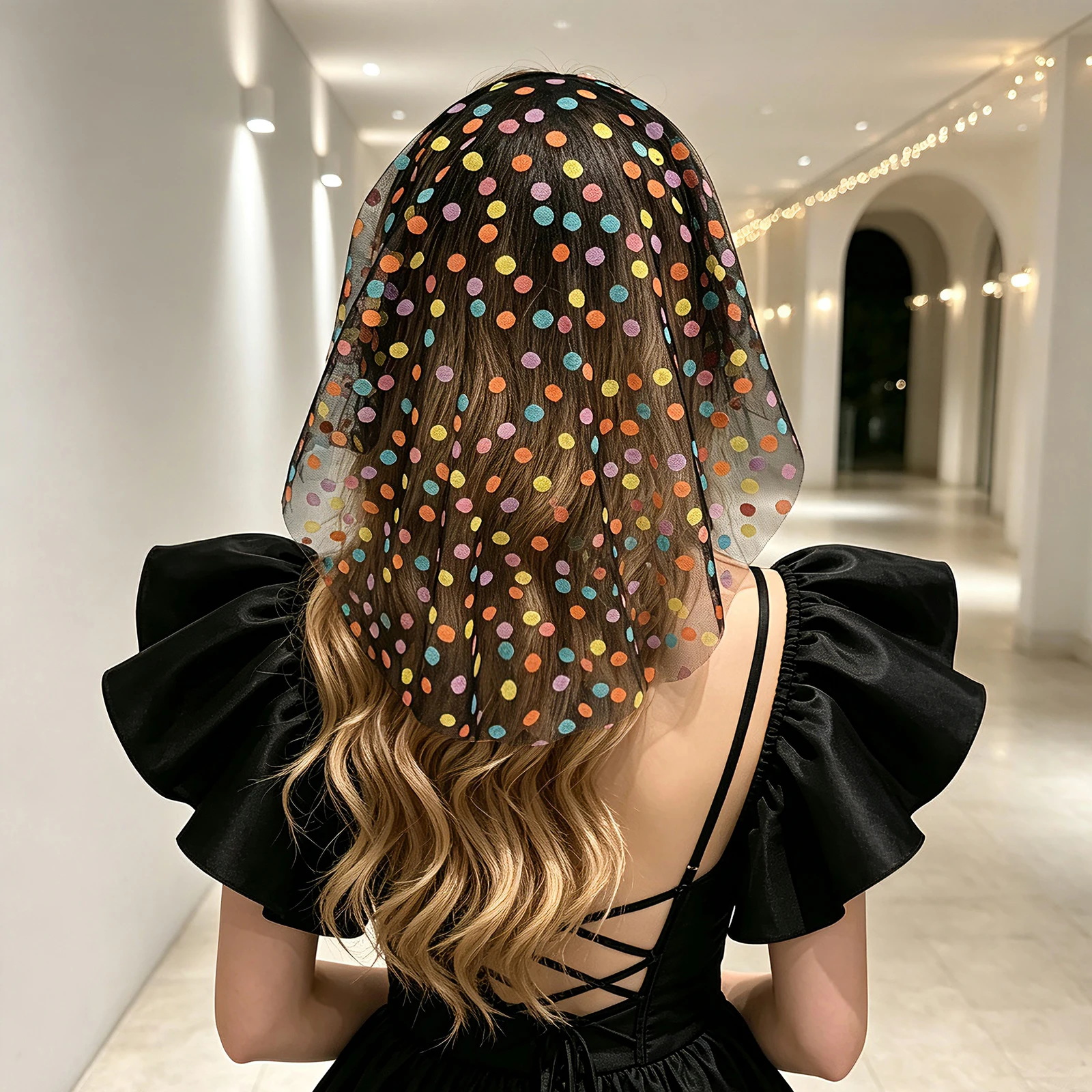 Gothic Halloween Party Tulle Headband, Mesh Printed Colorful Polka Dot Tulle Snood Veil, Valentine's Day Costume Hair Accessory