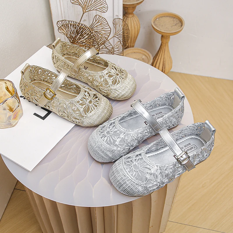 New Girls Hollow-out Flat Shoes Woven Gold Silver Kids Causal Shoes Non-slip Wedding Party Children's Princess Mary Jane Shoes