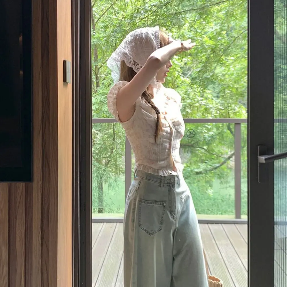 

Ins Pleated Puff Sleeve Crop Top Spicy Girl Slim Fit Embroidered Floral T-shirt Ruffle Off Shoulder Sweet Top Women Female